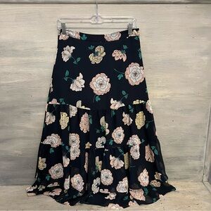 Loft Navy Blue Pink Flower Print Flowy Ruffled A-line Skirt Size 2 Like New
